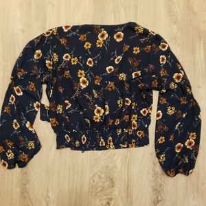 Xhilaration Blue Floral Long Sleeve Wrap Crop Top